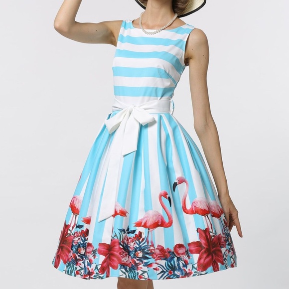 Sucrefas Dresses & Skirts - Host Pick! Stripe Flamingo Fit & Flare Midi Dress